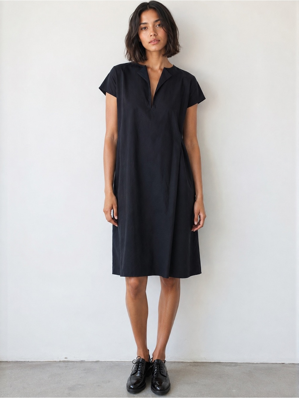 Lucy Wild Los Angeles Andrea Black Poplin Cotton Midi Dress Short Sleeve M